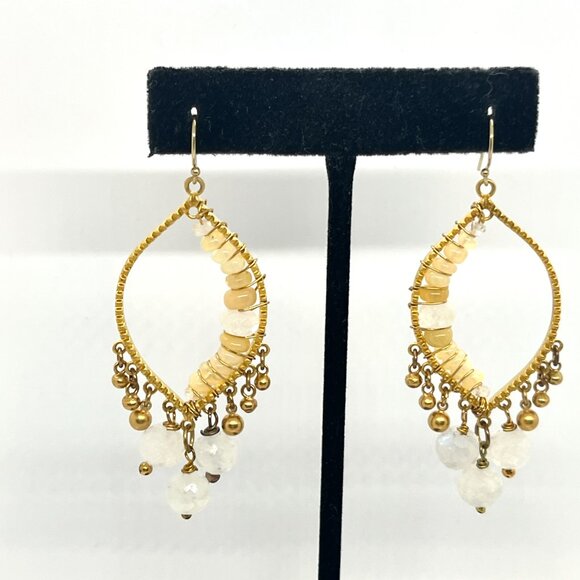 GOLD TONE BEADED CHANDELIER DANGLE EARRINGS BOHO FAUX MOONSTONE YELLOW STONE - Picture 4 of 16